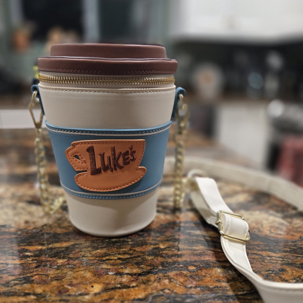 Loungefly Cream Blue Brown 'Luke's' Coffee Cup Crossbody Bag NWOT